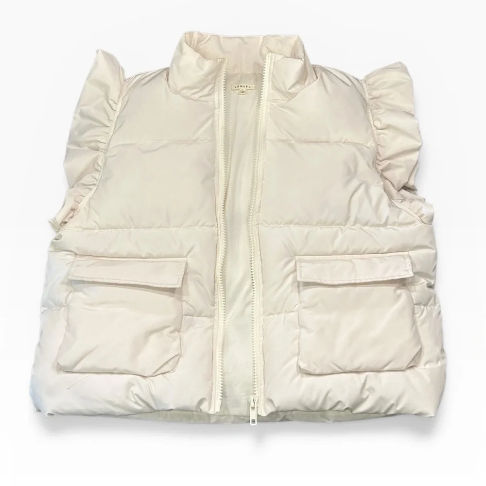Jodifl Ruffle Sleeve Full Zip Puffer Vest Cream Pockets Size Large - Picture 5 of 11